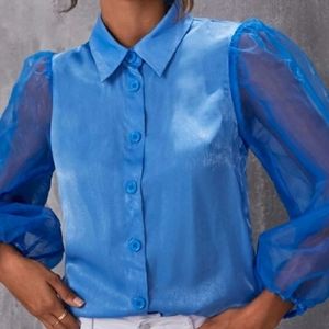 Blue sheer button front blouse